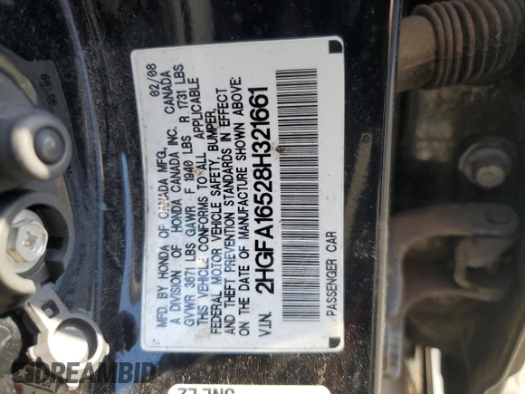 2008 Honda Civic LX z VIN 2HGFA16528H321661, wystawiony jako Copart lot #60185335 z przebiegiem 189 287 mil mil oraz Czysty tytuł • Clean title. Historia ofert i sprzedaży dostępna na DreamBid. Obrazek 13.