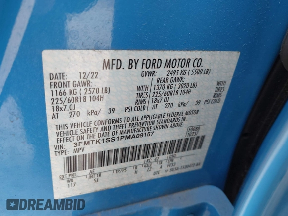 2023 Ford Mustang Mach-E Select with VIN 3FMTK1SS1PMA09157, listed as a IAAI auction lot 42350857 with 13,057 mi miles and . Bid and sale history available at DreamBid. Image 9.