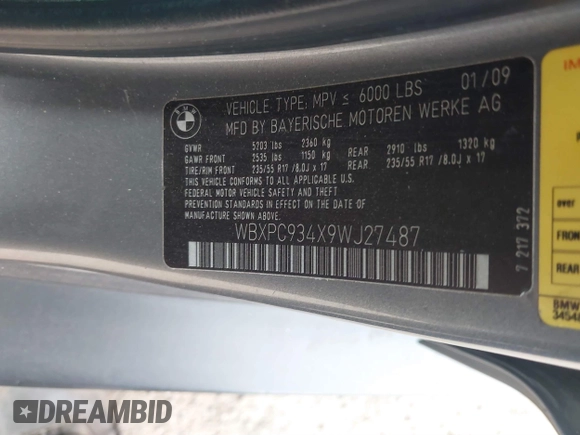 2009 BMW X3 xDrive30i with VIN WBXPC934X9WJ27487, listed as a IAAI auction lot 41677621 with 191,102 mi miles. Bid and sale history available at carsss.com. Image 9.