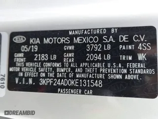 2019 Kia Forte LXS with VIN 3KPF24AD0KE131548, listed as a IAAI auction lot 41811241 with 51,664 mi miles. Bid and sale history available at carsss.com. Image 9.
