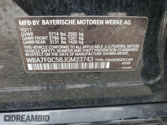 2018 BMW 7 Series 750i with VIN WBA7F0C58JGM23743, listed as a Copart auction lot 63465144 with 44,580 mi miles and Salvage Title. Bid and sale history available at carsss.com. Image 12.