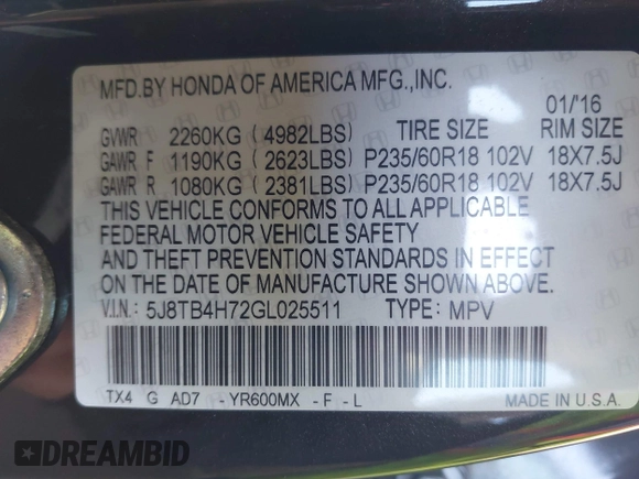 2016 Acura RDX Advance Pkg with VIN 5J8TB4H72GL025511, listed as a IAAI auction lot 42051932 with 91,845 mi miles. Bid and sale history available at carsss.com. Image 9.