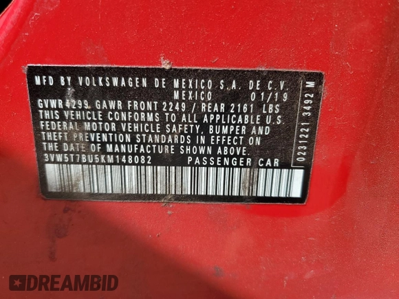2019 Volkswagen Jetta GLI S z VIN 3VW5T7BU5KM148082, wystawiony jako Copart lot #56562505 z przebiegiem 100 026 mil mil oraz Szkody całkowita. Historia ofert i sprzedaży dostępna na DreamBid. Obrazek 12.