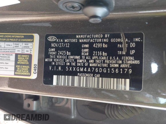 2013 Kia Optima LX with VIN 5XXGM4A76DG156179, listed as a IAAI auction lot 41829910 with 125,968 mi miles. Bid and sale history available at carsss.com. Image 9.