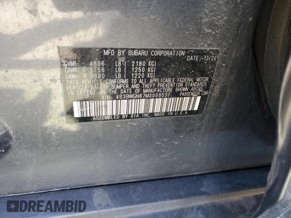 2021 Subaru Legacy Limited XT with VIN 4S3BWGN67M3009537, listed as a Copart auction lot 47382155 with 75,830 mi miles and Salvage title. Bid and sale history available at DreamBid. Image 13.