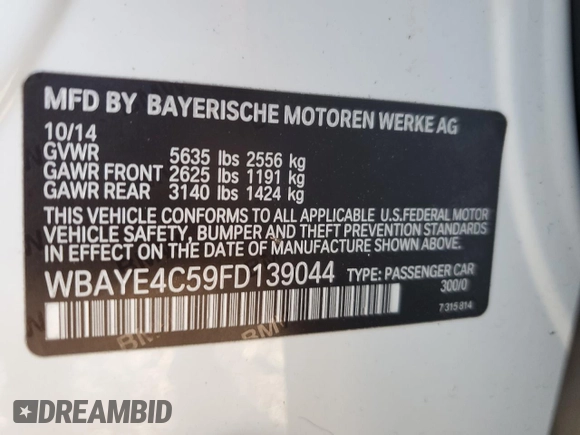 2015 BMW 7 Series 740Li with VIN WBAYE4C59FD139044, listed as a Copart auction lot 75907584 with 113,587 mi miles and Salvage Title. Bid and sale history available at DreamBid. Image 15.