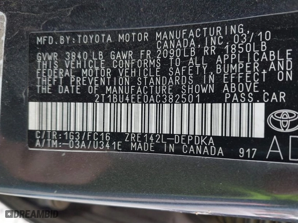 2010 Toyota Corolla with VIN 2T1BU4EE0AC382501, listed as a IAAI auction lot 41864966 with 142,768 mi miles. Bid and sale history available at carsss.com. Image 9.
