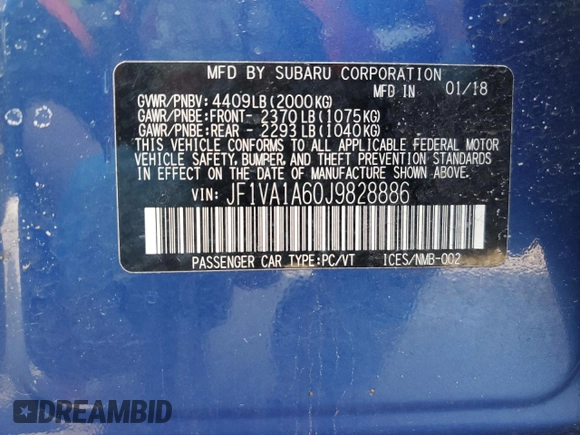 2018 Subaru WRX with VIN JF1VA1A60J9828886, listed as a Copart auction lot 48217325 with 44,364 mi miles and Salvage Title. Bid and sale history available at carsss.com. Image 12.