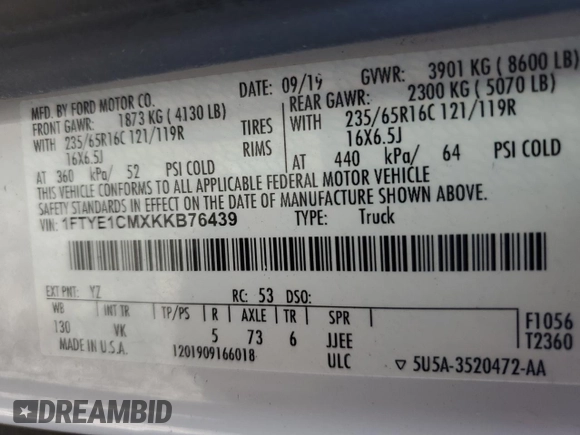 2019 Ford Transit with VIN 1FTYE1CMXKKB76439, listed as a Copart auction lot 43841795 with 232,061 mi miles and Salvage Title. Bid and sale history available at DreamBid. Image 13.
