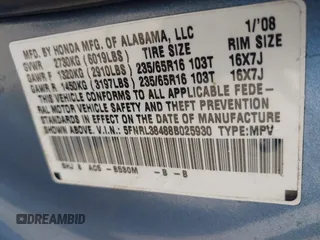 2008 Honda Odyssey EX with VIN 5FNRL38488B025930, listed as a IAAI auction lot 41062184 with 203,142 mi miles and . Bid and sale history available at DreamBid. Image 9.