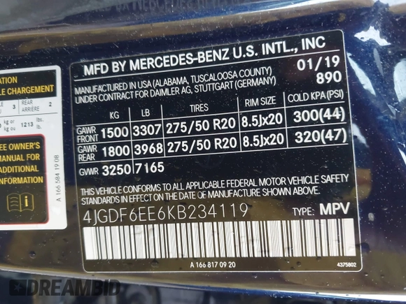 2019 Mercedes-Benz GLS with VIN 4JGDF6EE6KB234119, listed as a IAAI auction lot 41900493 with 72,831 mi miles. Bid and sale history available at carsss.com. Image 9.