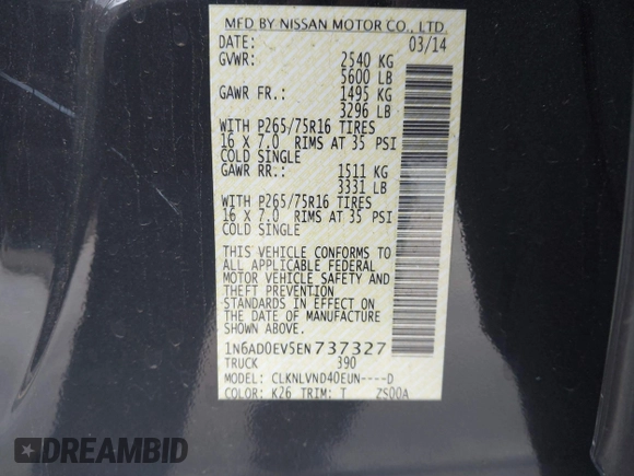 2014 Nissan Frontier SV with VIN 1N6AD0EV5EN737327, listed as a IAAI auction lot 41436164 with 55,866 mi miles and . Bid and sale history available at DreamBid. Image 9.