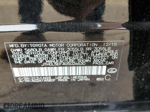 2016 Lexus LS 460 with VIN JTHCL5EF4G5026630, listed as a Copart auction lot 78820504 with 33,004 mi miles and Clean title. Bid and sale history available at DreamBid. Image 12.