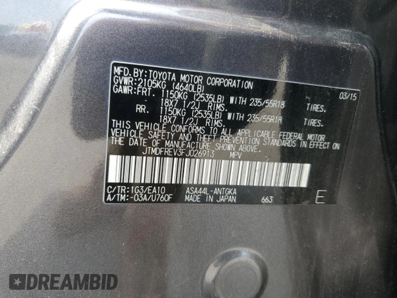 2015 Toyota RAV4 Limited with VIN JTMDFREV3FJ026913, listed as a Copart auction lot 65201135 with 74,354 mi miles and Salvage title. Bid and sale history available at DreamBid. Image 13.