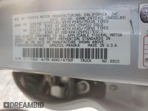2005 Toyota Tacoma with VIN 5TEMU52N35Z040382, listed as a Copart auction lot 59977195 with 325,475 mi miles and Salvage title. Bid and sale history available at DreamBid. Image 12.