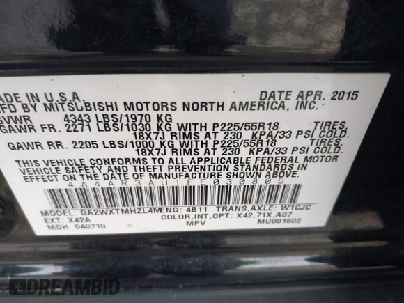 2015 Mitsubishi Outlander Sport ES with VIN 4A4AR3AU1FE030805, listed as a IAAI auction lot 42022887 with 101,332 mi miles. Bid and sale history available at carsss.com. Image 9.