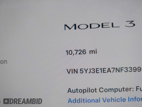 2022 Tesla Model 3 with VIN 5YJ3E1EA7NF339952, listed as a IAAI auction lot 38007332 with 10,726 mi miles. Bid and sale history available at carsss.com. Image 15.