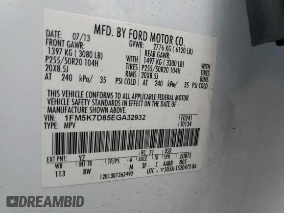 2014 Ford Explorer XLT z VIN 1FM5K7D85EGA32932, wystawiony jako Copart lot #52799695 z przebiegiem 135 670 mil mil oraz Szkoda całkowita • Salvage title. Historia ofert i sprzedaży dostępna na DreamBid. Obrazek 13.