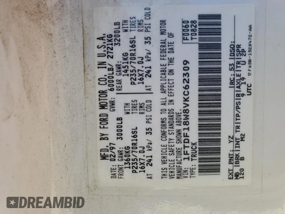 1997 Ford F-150 с VIN 1FTDF18W8VKC62309, выставлен на аукционе Copart как лот 48137745 с пробегом 156 917 миль миль и Списание • Salvage title. История ставок и продаж доступна на DreamBid. Изображение 14.