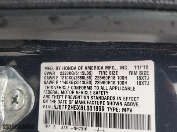 2011 Honda Accord Crosstour EX-L with VIN 5J6TF2H5XBL001899, listed as a Copart auction lot 48246695 with 138,189 mi miles and Salvage Title. Bid and sale history available at carsss.com. Image 12.
