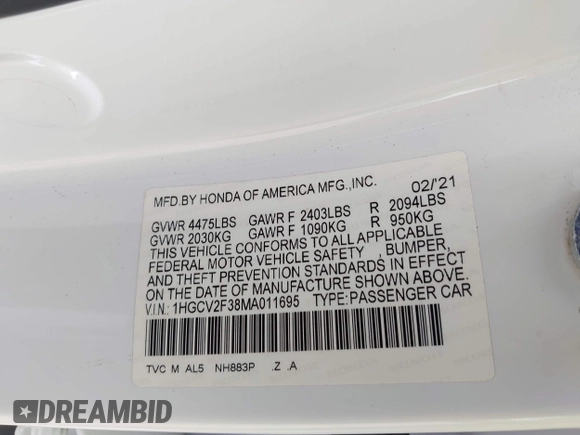 2021 Honda Accord Sport z VIN 1HGCV2F38MA011695, wystawiony jako IAAI lot #42245415 z przebiegiem 79 075 mil mil oraz . Historia ofert i sprzedaży dostępna na DreamBid. Obrazek 9.