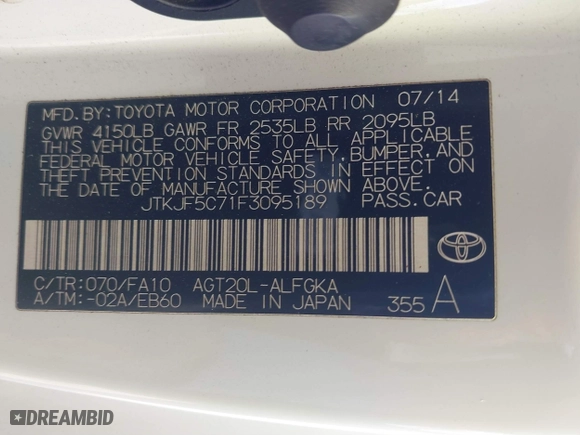 2015 Scion tC with VIN JTKJF5C71F3095189, listed as a IAAI auction lot 41847417 with 129,164 mi miles. Bid and sale history available at carsss.com. Image 9.