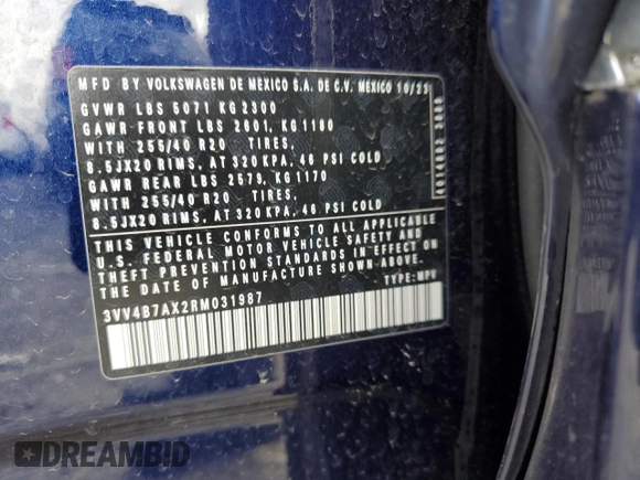 2024 Volkswagen Tiguan SEL R-Line с VIN 3VV4B7AX2RM031987, выставлен на аукционе Copart как лот 47734255 с пробегом 26 727 миль миль и Списание • Salvage title. История ставок и продаж доступна на DreamBid. Изображение 13.