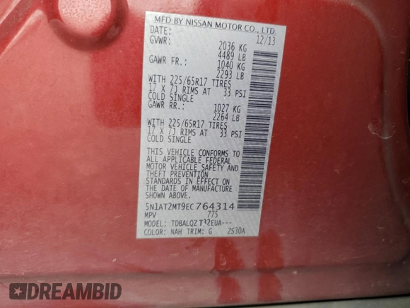 2014 Nissan Rogue SV with VIN 5N1AT2MT9EC764314, listed as a Copart auction lot 50655265 with 243,875 mi miles and Salvage Title. Bid and sale history available at DreamBid. Image 15.