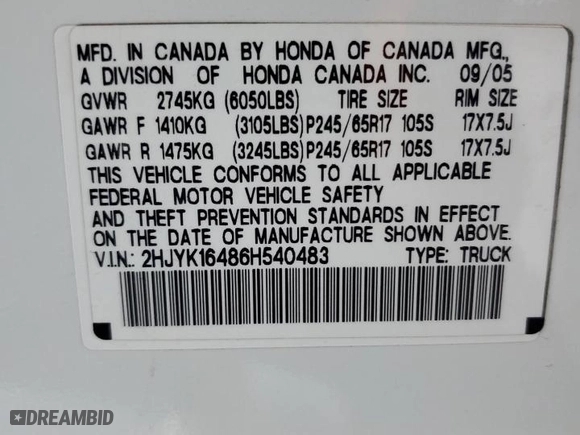 2006 Honda Ridgeline RTS with VIN 2HJYK16486H540483, listed as a Copart auction lot 56866334 with 167,858 mi miles and Salvage Title. Bid and sale history available at carsss.com. Image 12.