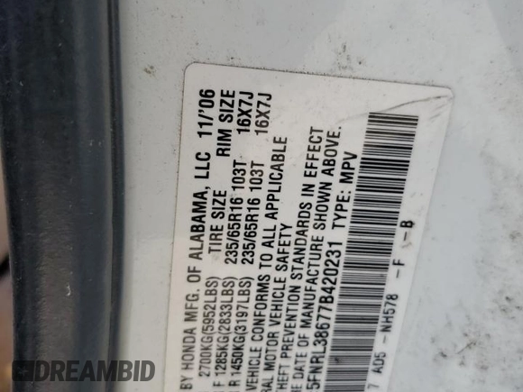 2007 Honda Odyssey EX-L with VIN 5FNRL38677B420231, listed as a Copart auction lot 50798615 with 0 mi miles and Salvage Title. Bid and sale history available at carsss.com. Image 13.
