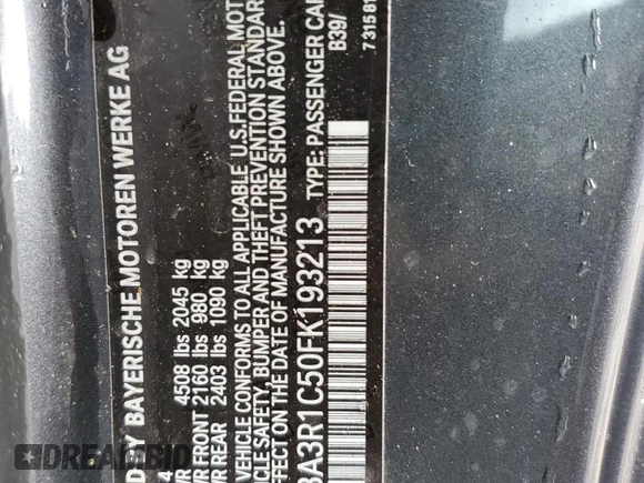 2015 BMW 4 Series 435i with VIN WBA3R1C50FK193213, listed as a Copart auction lot 58164215 with 109,366 mi miles and Salvage title. Bid and sale history available at DreamBid. Image 12.