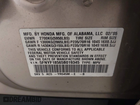 2005 Honda Pilot EX-L with VIN 5FNYF18565B019345, listed as a IAAI auction lot 41641423 with 282,099 mi miles. Bid and sale history available at carsss.com. Image 9.