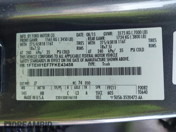 2015 Ford F-150 XLT с VIN 1FTEW1EF7FKE43458, выставлен на аукционе IAAI как лот 42003480 с пробегом 139 745 миль миль и . История ставок и продаж доступна на DreamBid. Изображение 9.