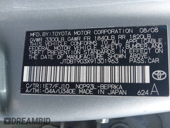 2009 Toyota Yaris with VIN JTDBT903X91301963, listed as a IAAI auction lot 42102283 with 143,966 mi miles. Bid and sale history available at carsss.com. Image 9.