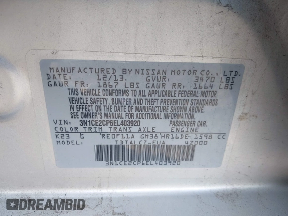 2014 Nissan Note S Plus with VIN 3N1CE2CP6EL403920, listed as a IAAI auction lot 41946608 with 96,878 mi miles and . Bid and sale history available at DreamBid. Image 9.