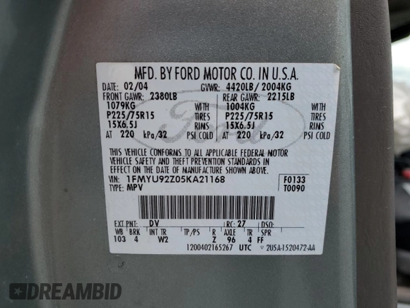 2005 Ford Escape XLS Value z VIN 1FMYU92Z05KA21168, wystawiony jako Copart lot #47630185 z przebiegiem 253 389 mil mil oraz Szkoda całkowita • Salvage title. Historia ofert i sprzedaży dostępna na DreamBid. Obrazek 16.