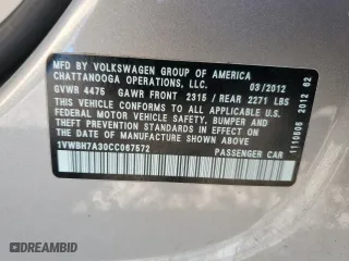 2012 Volkswagen Passat SE with VIN 1VWBH7A30CC067572, listed as a Copart auction lot 87018124 with 191,468 mi miles and Salvage Title. Bid and sale history available at carsss.com. Image 15.
