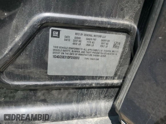 2013 Buick LaCrosse Leather with VIN 1G4GC5E31DF290950, listed as a Copart auction lot 60565705 with Not provided miles and Salvage title. Bid and sale history available at DreamBid. Image 13.