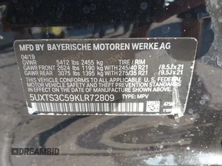 2019 BMW X3 M40i with VIN 5UXTS3C59KLR72809, listed as a IAAI auction lot 41893066 with 39,654 mi miles and . Bid and sale history available at DreamBid. Image 9.