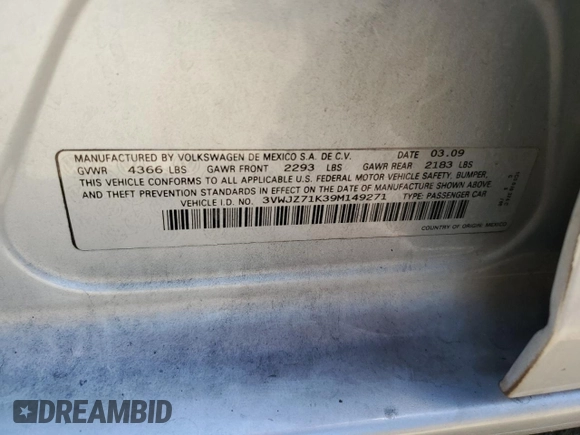 2009 Volkswagen Jetta S with VIN 3VWJZ71K39M149271, listed as a Copart auction lot 64703065 with 214,011 mi miles and Clean title. Bid and sale history available at DreamBid. Image 12.