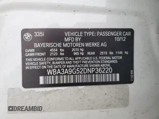 2013 BMW 3 Series 335i with VIN WBA3A9G52DNP36220, listed as a Copart auction lot 85904914 with 96,251 mi miles and Salvage title. Bid and sale history available at DreamBid. Image 12.
