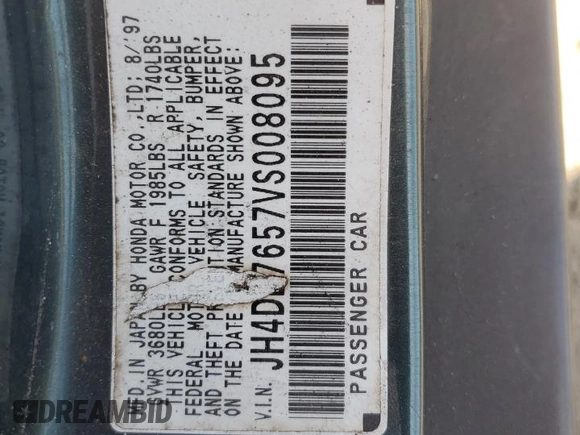 1997 Acura Integra LS с VIN JH4DB7657VS008095, выставлен на аукционе Copart как лот 59367005 с пробегом 150 084 миль миль и Списание • Salvage title. История ставок и продаж доступна на DreamBid. Изображение 12.