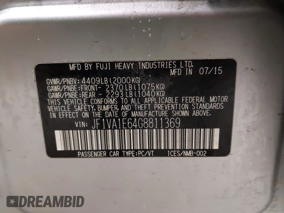 2016 Subaru WRX Premium with VIN JF1VA1E64G8811369, listed as a IAAI auction lot 41243335 with 129,319 mi miles. Bid and sale history available at carsss.com. Image 9.