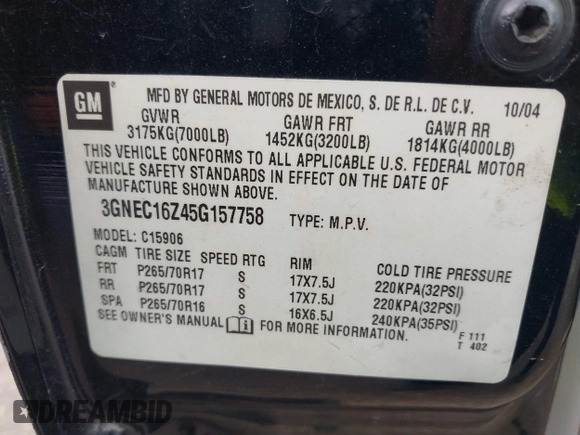 2005 Chevrolet Suburban LS with VIN 3GNEC16Z45G157758, listed as a IAAI auction lot 42408657 with 237,238 mi miles and . Bid and sale history available at DreamBid. Image 9.