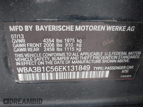 2014 BMW 3 Series 320i with VIN WBA3B1C56EK131849, listed as a IAAI auction lot 42018005 with 215,765 mi miles. Bid and sale history available at carsss.com. Image 9.