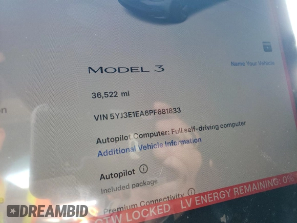 2023 Tesla Model 3 z VIN 5YJ3E1EA6PF681833, wystawiony jako Copart lot #55557834 z przebiegiem 36 522 mil mil oraz Szkoda całkowita • Salvage title. Historia ofert i sprzedaży dostępna na DreamBid. Obrazek 9.