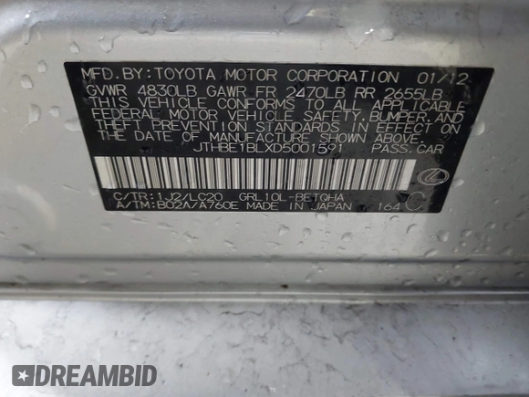 2013 Lexus GS 350 with VIN JTHBE1BLXD5001591, listed as a IAAI auction lot 41732670 with 151,295 mi miles and . Bid and sale history available at DreamBid. Image 9.