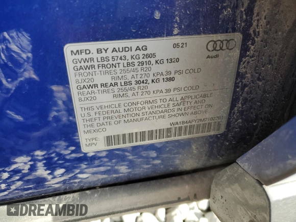 2021 Audi SQ5 Premium Plus with VIN WA1B4AFY2M2102291, listed as a Copart auction lot 72161104 with 44,682 mi miles and Salvage Title. Bid and sale history available at DreamBid. Image 13.