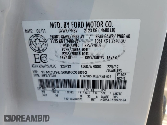 2011 Ford Escape Limited with VIN 1FMCU9EG0BKC68092, listed as a Copart auction lot 55352725 with 212,889 mi miles and Salvage Title. Bid and sale history available at carsss.com. Image 14.