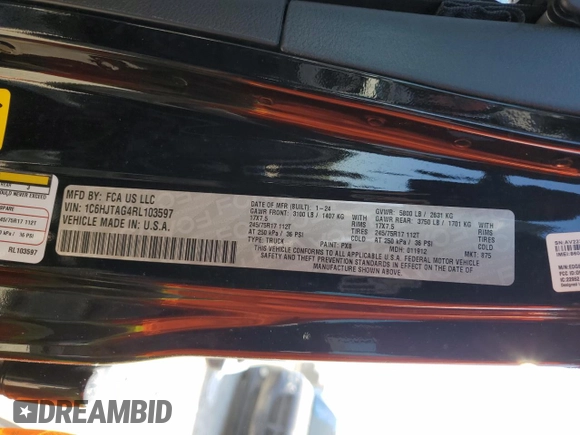 2024 Jeep Gladiator Sport S z VIN 1C6HJTAG4RL103597, wystawiony jako Copart lot #52364275 z przebiegiem 12 128 mil mil oraz Nie do naprawy • Non repairable. Historia ofert i sprzedaży dostępna na DreamBid. Obrazek 14.
